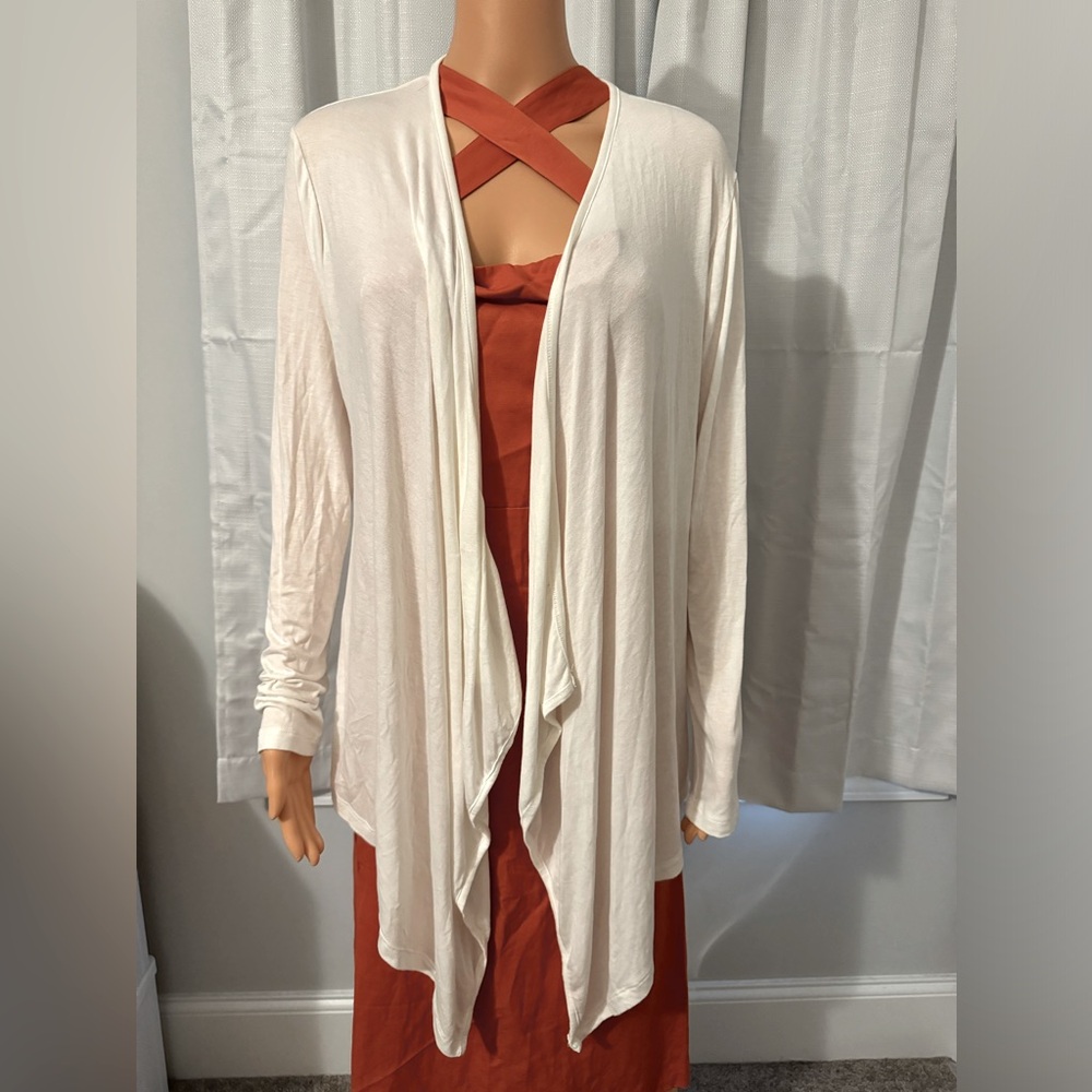 Pretty Studio K LA size M white open front waterfall long sleeve shirt NWOT